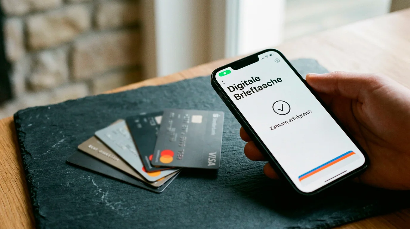Mehrere Zahlungskarten und ein Smartphone mit E-Wallet-App auf einem dunklen Tisch als Symbol für Zahlungsalternativen bei Sportwetten