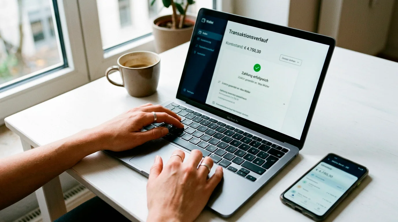 Person am Laptop mit geöffneter E-Wallet-Transaktionsübersicht und Smartphone daneben als Praxistest-Szenario